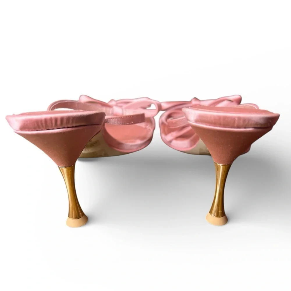 Jeffrey Campbell Bow Bow Pink Blush Satin Heeled Sandals Gold Heel Size 9.5 New